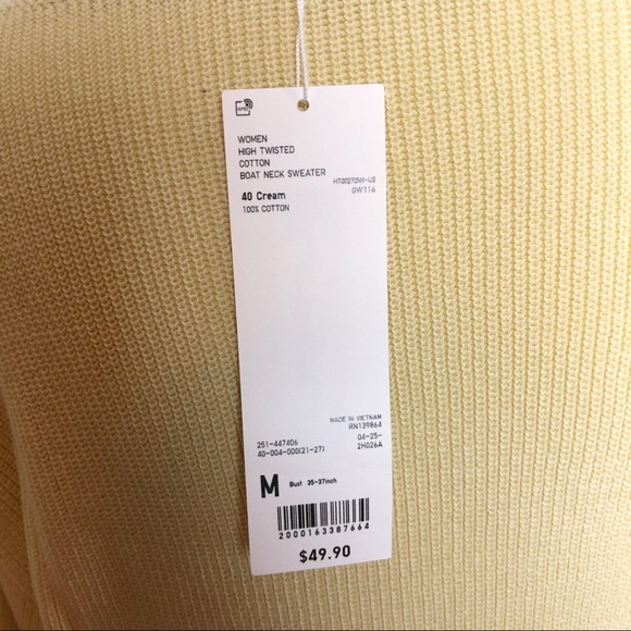 Uniqlo High Twisted Cotton Boat Neck Knit Sweater in 40 Cream Size Medium - Picture 8 of 11